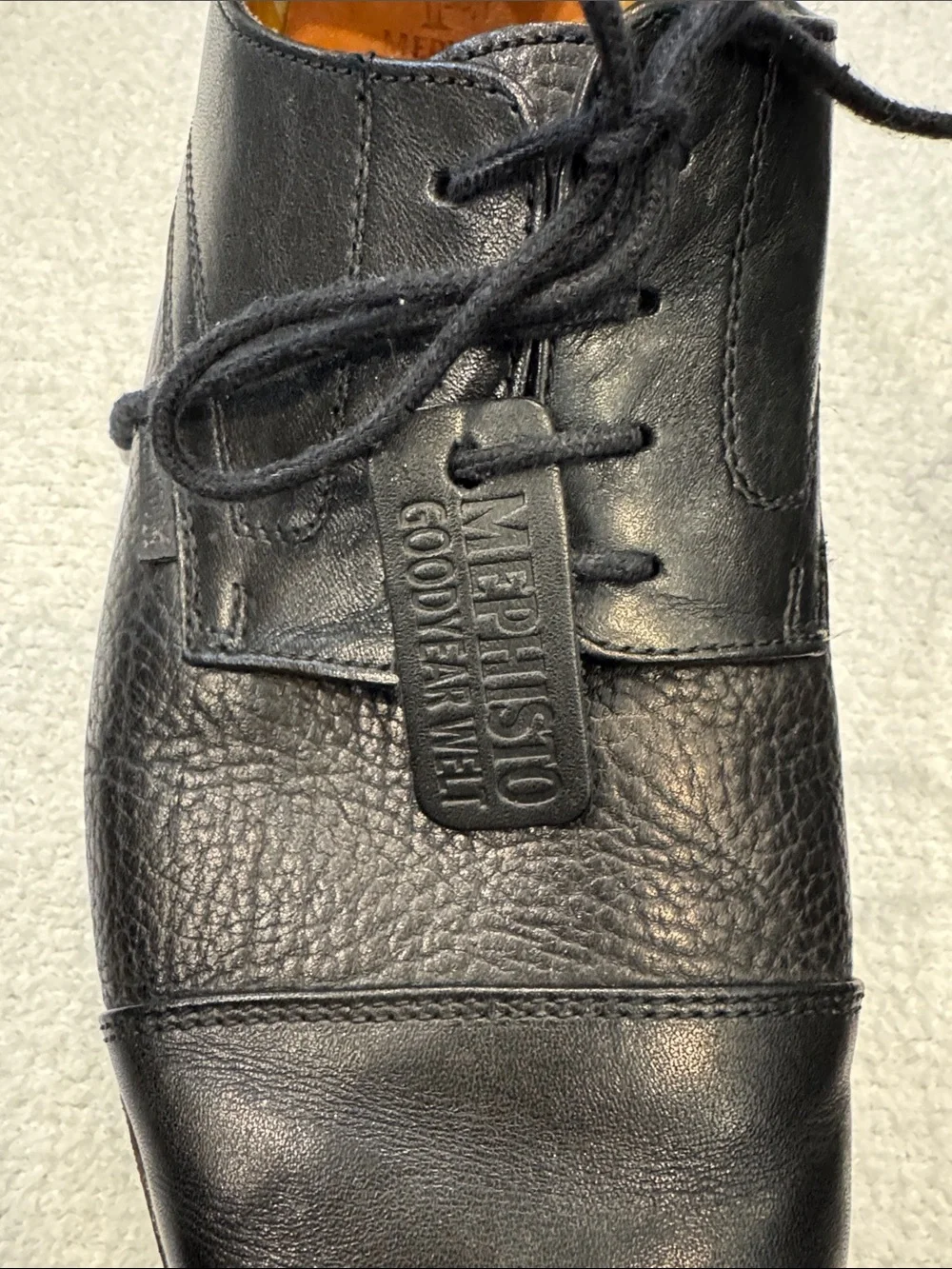 Mephisto Black Leather Cap-Toe Derby Shoes Size 12. Excellent Condition